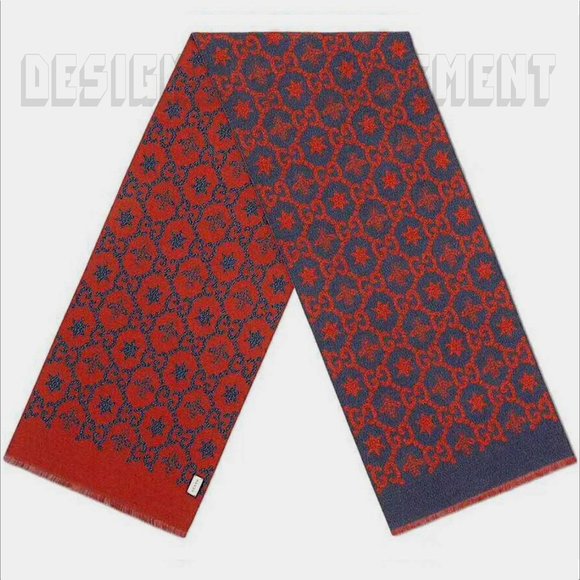 GUCCI red & blue CONSTELLATION Bee GG Stars wool/silk reversible long scarf NWT - Picture 2 of 12